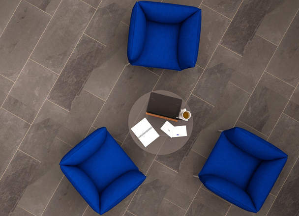 Aerial view of 3 empty chairs set for a meeting